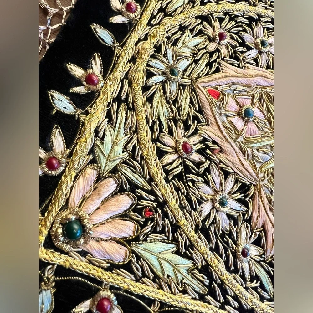 Handmade Zardozi Embroidered Wall Hanging Velvet Gold Tapestry 12x9 Indian Boho